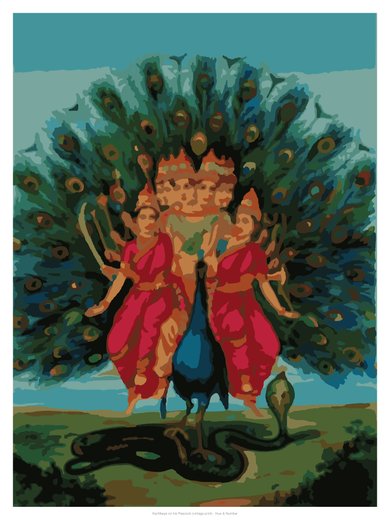 Karttikeya on his Peacock (vintage print), painted