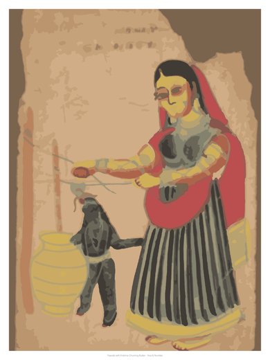 Yasoda with Krishna Churning Butter, painted