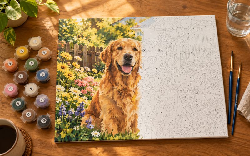 A half-painted golden retriever canvas with numbered paint pots and brushes on a wooden table