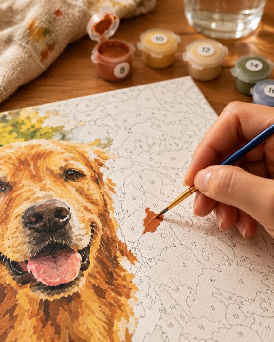 A hand painting a numbered area of a half-finished golden retriever canvas
